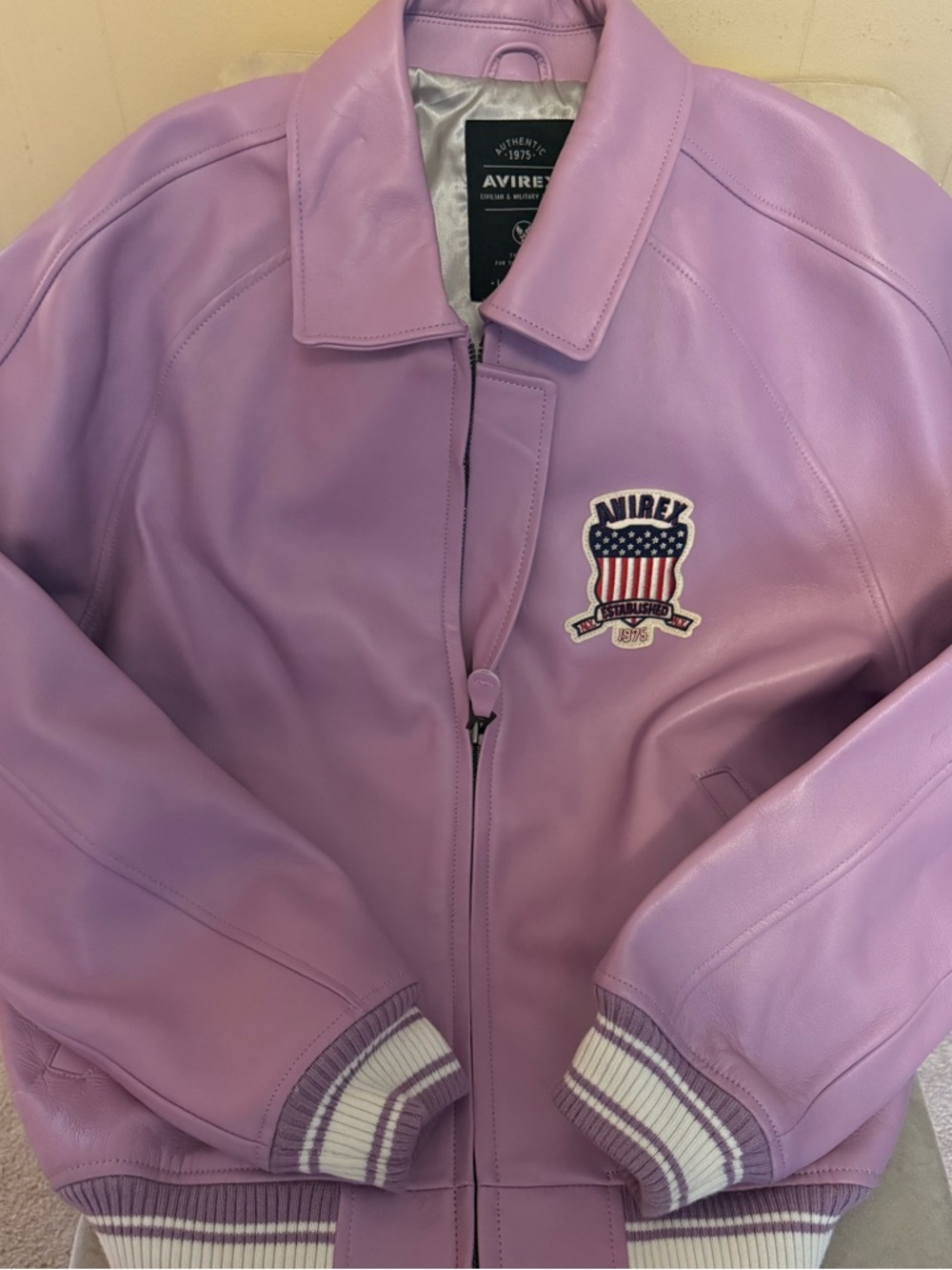 Avirex Lavender Leather Bomber Jacket with USA Patch
